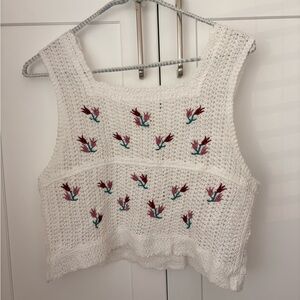 POL White Crochet Tank Top with Floral Embroidery